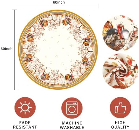 Fall Thanksgiving Double Border Decoration Tablecloth, Autumn Pumpkin Harvest Tablecloths, Waterproof Table Cover for Dinner Kitchen Party Holiday Decorations Round 70"