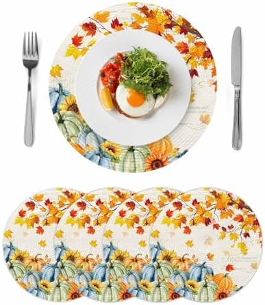 Fall Round Placemats Set of 4 Thanksgiving Autumn Maple Leaves Place Mats Woven Placemat Sunflower Orange Blue Green Pumpkin Circle Braided Table Mat for Kitchen Holiday Party Fall Decor 15 Inch