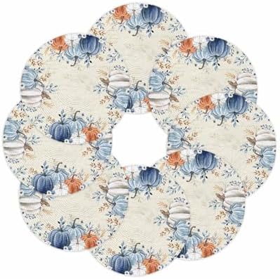 Fall Round Placemats Set of 8 Pumpkin Blue Orange Thanksgiving Place Mats Washable Woven Placemat White Pumpkin Leaves Circle Braided Table Mat for Kitchen Dining Table Holiday Party Decor 15 Inch