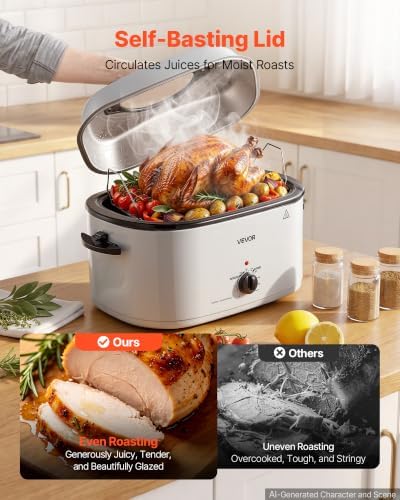VEVOR Electric Roaster Oven, 26 Qt, Turkey Roasting Pan, White, Viewing Lid
