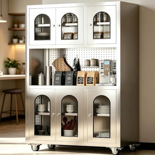 Stainless Steel Kitchen Pantry Cabinet with Pegboard and Adjustable Shelves