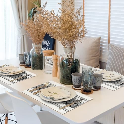 ADRIMER Placemats Set of 6, Boho Table Mats Cotton Blend, Durable Cloth Table Placemats Machine Washable, Rustic Place Mats for Dining Kitchen Table, 14 x 18 Inch, Black