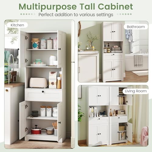 GIANTEX Kitchen Pantry Cabinet, 67.5" Tall Floor Storage Cabinet w/4 Doors & 1 Drawer, Modern Freestanding Bathroom Organizer w/Open Countertop & Adjustable Shelf for Dining Room, Living Room (White)