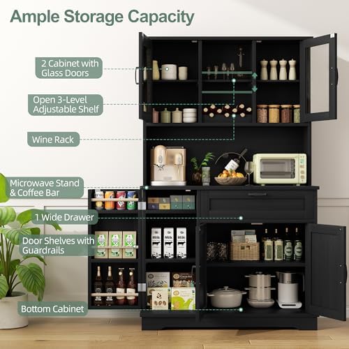 Shintenchi 68" Kitchen Pantry Storage Cabinet, with Microwave Stand, Black