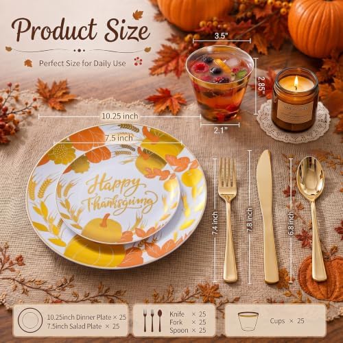 KIRE 150PCS Thanksgiving Plates Dinnerware Pumpkins - Plastic Thanksgiving Plates Include 25 for Dinner 25 for Salad 25Forks 25Knives 25Spoons 25Gold Cups for Fall/Friendgiving Party