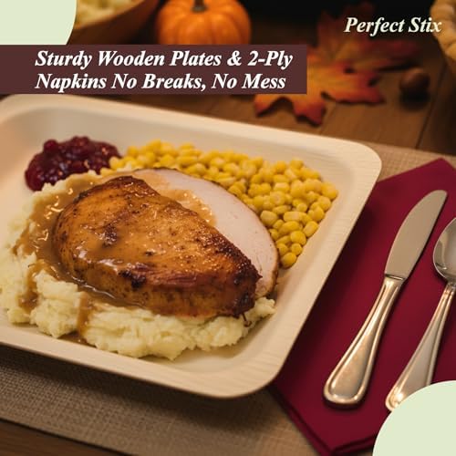 Perfect Stix Thanksgiving Plates and Napkins Set, 25 Large 10-Inch and 25 Small 7-Inch Wooden Plates with 50 Burgundy 2-Ply Dinner Napkins