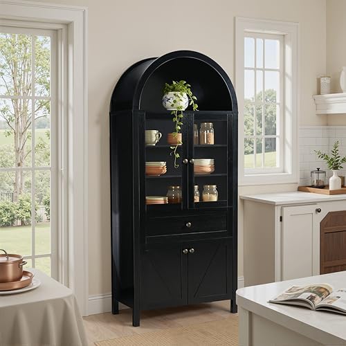 GDFStudio 71'' Arched Kitchen Pantry Cabinet, Wooden Pantry Cabinets for Kitchen Storage, Kitchen Storage Furniture with Adjustable Shelves, Multi-Functional Bookcase for Living Room, Black