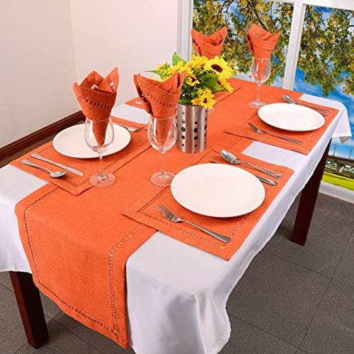 Grelucgo Handmade Hemstitch Orange Thanksgiving Table Runner Or Dresser Scarf, Fall Autumn Decorations(14 x 72 Inch)