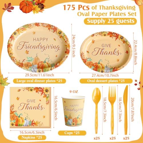Pajean 175 Pcs Friendsgiving Oval Paper Plates Set 12 Inch Fall Serves 25