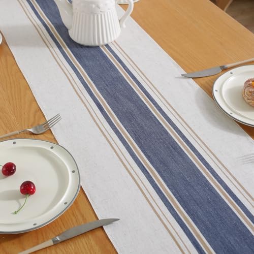 Niviy Blue Table Runner 72 Inches Long with Tassels, Summer Blue Decor Washable Embroidered Striped Braided Boho Table Runners for Wedding Bridal Baby Shower Decoration 12 x 72 Inches