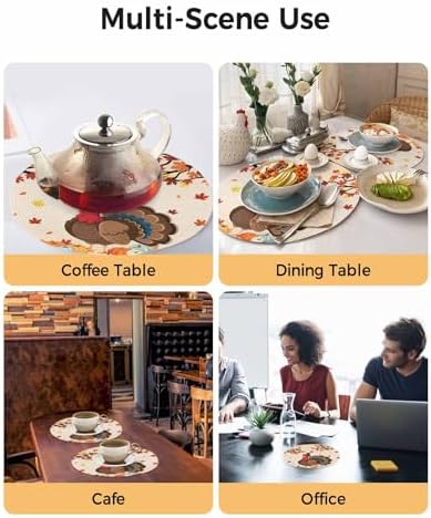 Fall Round Placemats Set of 8 Thanksgiving Harvest Pumpkin Turkey Place Mats Washable Woven Placemat Orange Maple Leaves Circle Braided Table Mat for Kitchen Dining Holiday Party Fall Decor 15 Inch