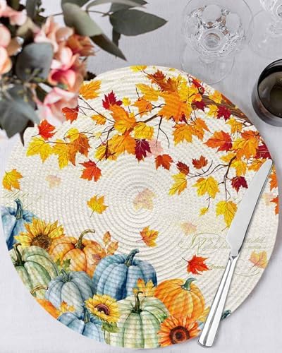 Fall Round Placemats Set of 6 Thanksgiving Autumn Maple Leaves Place Mats Woven Placemat Sunflower Orange Blue Green Pumpkin Circle Braided Table Mat for Kitchen Holiday Party Fall Decor 15 Inch