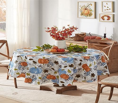 Newbridge Thanksgiving Blue Pumpkin 60 x 84 Inch Oval Vinyl Tablecloth
