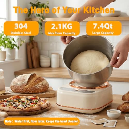 7.4QT Electric Dough Mixer with Ferment Function, Large Capacity Dough Maker Machine, 304 Stainless Steel Bowl,Face-Up Touch Panel, Timer Control, Household Bread Mixer for Pizza