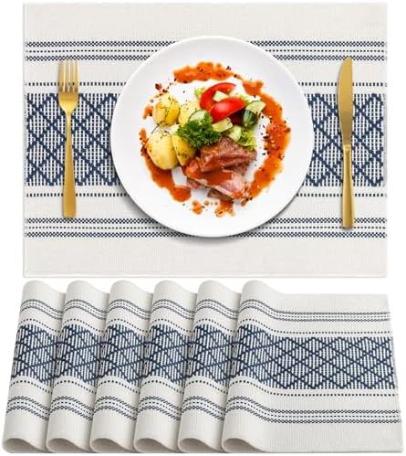 ADRIMER Placemats Set of 6, Boho Table Mats Cotton Blend, Durable Cloth Table Placemats Machine Washable, Rustic Place Mats for Dining Kitchen Table, 14 x 18 Inch, Blue