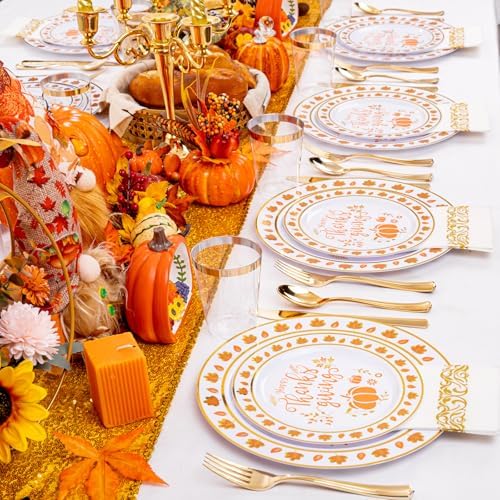 LIYH 175 Pcs Thanksgiving Plastic Plates and Napkins Sets, Thanksgiving Disposable Plates Heavyduty, Gold Plastic Silverware, Fall Pumpkins Plate for Autumn Harvest Day 25 Guests