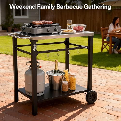 KEIKI 2-Tier Outdoor Grill Cart Table with 2 Wheels, Tool Hooks, Movable BBQ Cooking Prep Table, Pizza Oven Table, Serving Bar Cart for Backyard, Indoor, Outside, Kitchen, Stainless Steel