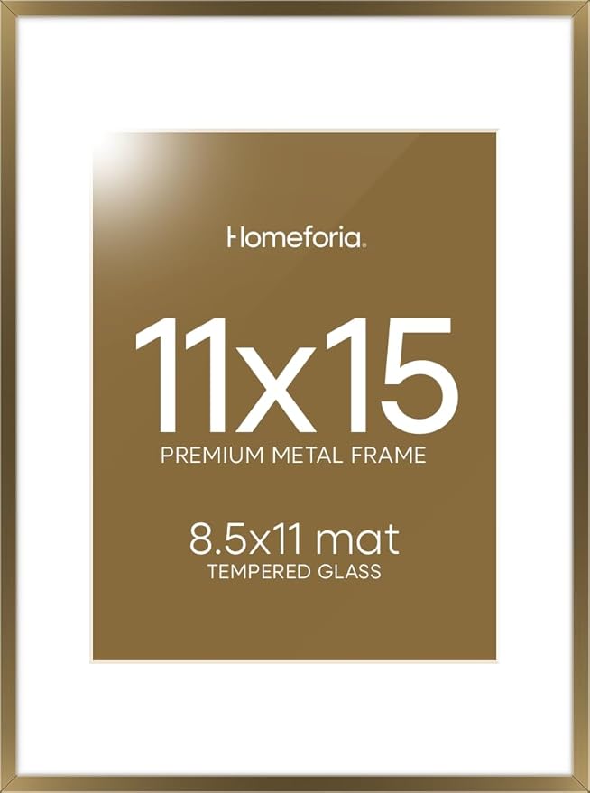 Homeforia 11x15 Bronze Picture Frame, High End Metal 11x15 Brass Frames with Mat 8.5x11, 11 x 15 Poster Frames Matted to 8.5 x 11 inch Photo, 11 by 15 Bronze Frames, Tempered Glass, Wall Kit, Set of 1