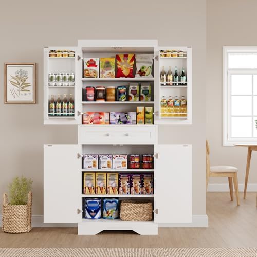 72'' Pantry Cabinet, Farmhouse Kitchen Storage Cabinet with Drawers, Adjustable Shelves, Door Shelves, Tall Kitchen Pantry for Dining Room, White