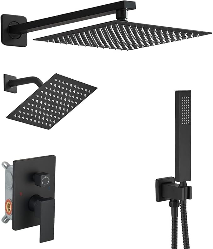 Shower Faucet Set Matte Black Shower System, Knob Switch Diverter Shower Faucet with High Pressure Handheld Spray, Wall Mount 10 Inch Shower Head with 6 Inch Wall Mount Shower Head