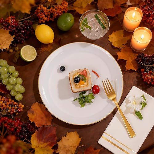 Festiva 175PCS White and Gold Plastic Plates - White with Gold Rim Fall Dinnerware Set - 25Guest include Plates Cups Cutlery Napkins for Birthday Party&Wedding& Thanksgiving
