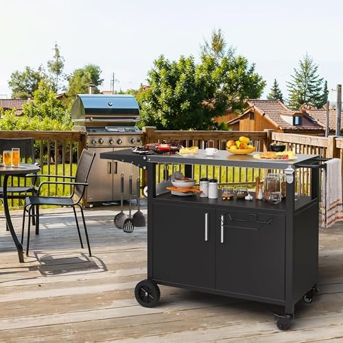 Shintenchi Outdoor Grill Cart Table with Stainless Steel Top,Black
