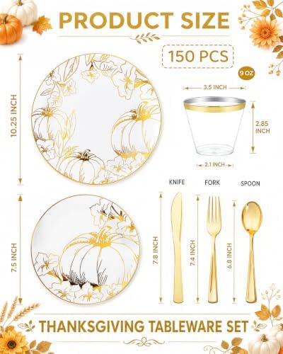 PULOTE 150PCS Thanksgiving Plastic Plates - Fall Gold Pumpkin for Autumn