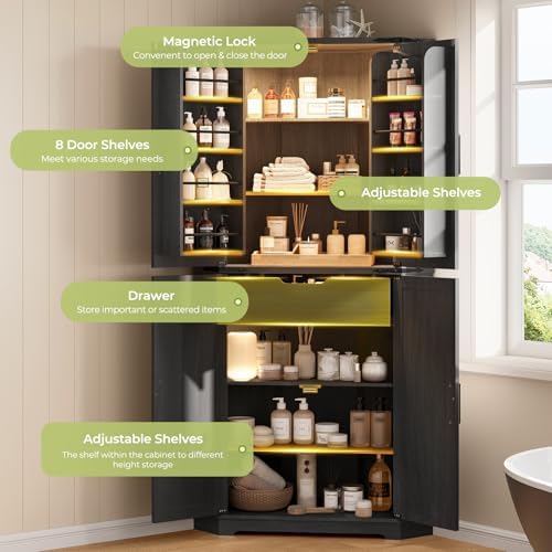 Dripex Tall Kitchen Pantry Cabinet with LED Light, 71" Corner Pantry Black