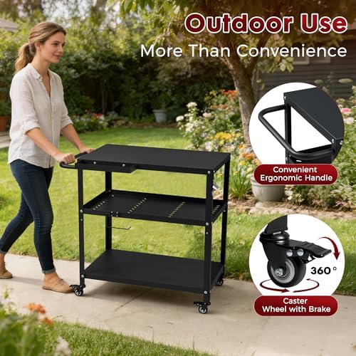 Grill Cart Table Indoor & Outdoor with 4 Lockable Casters, Hooks & Side Handle, Multifunctional Pizza Oven Stand for Patio Kitchen