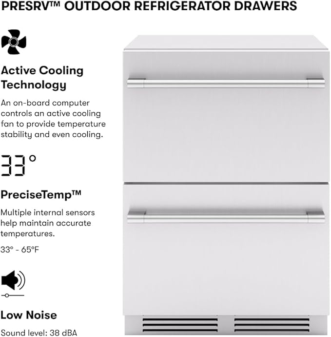 Zephyr Presrv 24 Inch Outdoor Dual Zone Refrigerator Drawers Wine & Beverage Fridge, Stainless Steel Wine Cooler Home Bar Under Counter Freestanding Built In, Energy Star Certified, 5.1 Cu. Ft