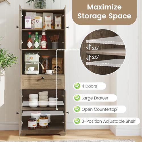 GIANTEX Kitchen Pantry Cabinet, 67.5" Tall Floor Storage Cabinet w/4 Doors & 1 Drawer, Modern Freestanding Bathroom Organizer w/Open Countertop & Adjustable Shelf for Dining Room (Gray Oak)