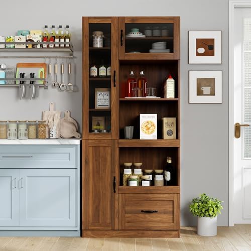 KEIKI 70.87" H Tall Kitchen Pantry Storage Cabinet with Countertop, Glass Doors, Drawers, Microwave Stand & Pull-Out Shelf, Freestanding Wood Hutch Food Pantries Cupboard for Coffee Bar, Dining Room