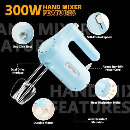 5-Speed Small Hand Mixer Electric, 300W Compact Portable, Blue