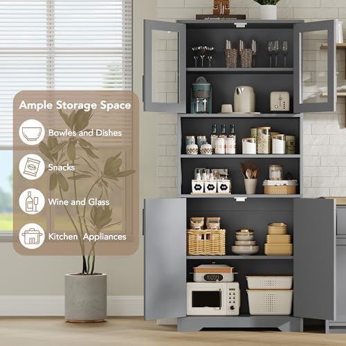 IDEALHOUSE 67-Inch Storage Cabinet with Glass & Wood Doors - 6-Shelf Modern Cupboard with Adjustable Shelves & Magnetic Base for Kitchen Pantry, Living Room, Bookcase，Bathroom Locker