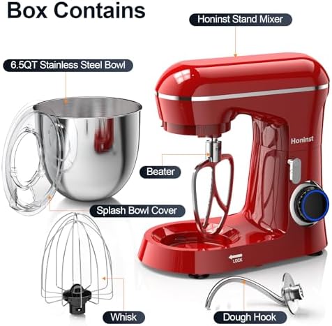 Honinst Stand Mixer, 6.5QT 10-Speed Tilt-Head 3-IN-1 Electric Food Mixer