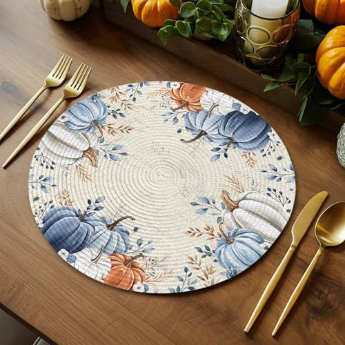 Fall Round Placemats Set of 4 Pumpkin Blue Orange Thanksgiving Place Mats Washable Woven Placemat White Pumpkin Leaves Circle Braided Table Mat for Kitchen Dining Table Holiday Party Decor 13 Inch
