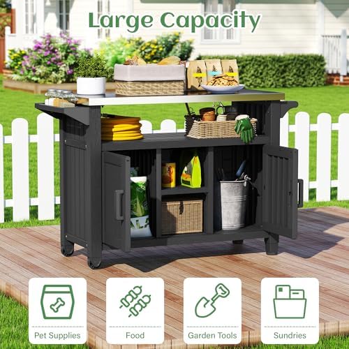 Bifanuo Outdoor Grill Table Grill Cart with Stainless Steel Top & Storage Cabinet for Food Prep and Storage, Portable and Durable with Wheels(Black)