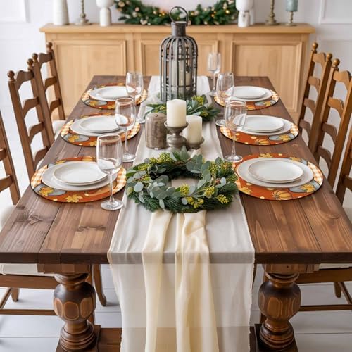 Fall Round Placemats Set of 2 Thanksgiving Pumpkin Gnome Place Mats Washable Woven Placemat Maple Leaf Orange Buffalo Plaid Circle Braided Table Mat for Kitchen Dining Holiday Party Fall Decor 15 Inch