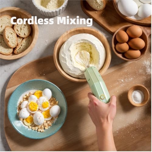 Cordless Hand Mixer, Foldable Design Handheld Electric Whisk with 3 Speed Modes, Hand Held Egg Beater with 2 Detachable Stir Whisks (Green)