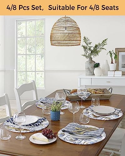 Fall Round Placemats Set of 2 Flower Pumpkin Thanksgiving Place Mats Washable Woven Placemat Blue Floral Circle Braided Table Mat for Kitchen Dining Table Holiday Party Autumn Decorations 13 Inch