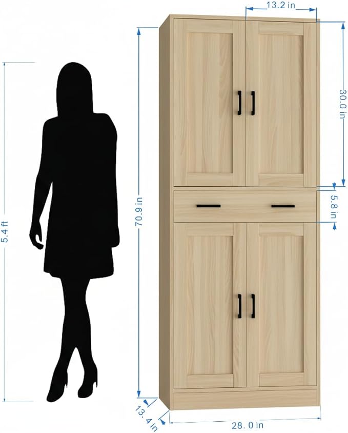 71" Tall Kitchen Pantry Cabinet, Freestanding Storage Cabinet with Drawer and 4 Doors, Large Oak Utility Floor Cupboard with Adjustable Shelves for Dining Room, Bathroom, Home Office