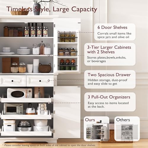 Ball & Cast 71" Farmhouse Kitchen Pantry Cabinet with 3 Pull-Out Organizers, Tall Storage Cabinet with 4 Doors, 2 Drawers, 6 Door Shelves & Adjustable Shelves, Freestanding Cupboard, White