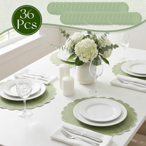 Set of 36 Sage Green Cotton Placemat 15 Inch Scalloped Placemat