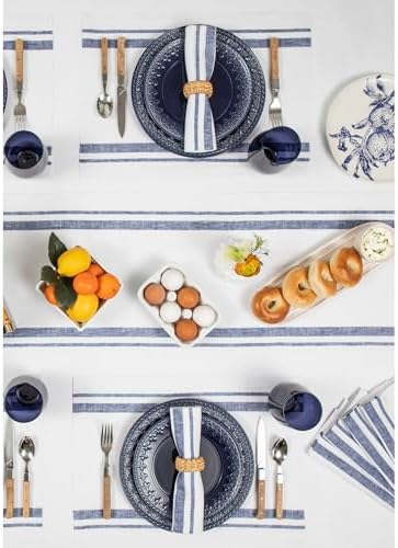 Solino Home 100% Linen Placemats, 14 x 19 in, Navy, French Stripe, Set of 4