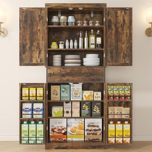 72" Tall Kitchen Pantry Cabinet, Rusty-Brown Pantry Storage Cabinet with Adjustable Shelves, Barn Doors and Drawer Farmhouse Cupboard for Kitchen, Dining Room, Bathroom (16" D x 30" W x 72" H)