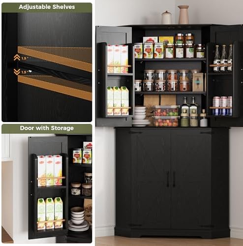 IRONCK Corner Cabinet, 72" Farmhouse Pantry Cabinet, Black