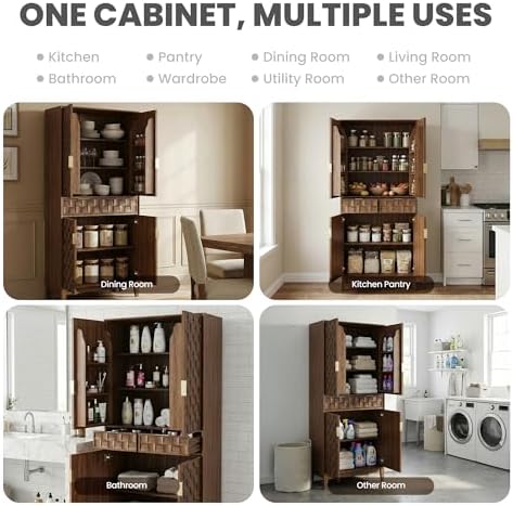Pantry Cabinet, 71" Tall Pantry Cabinet,Modern Kitchen Cabinet with Doors, Drawers & Adjustable Shelves, Freestanding Food Pantry Cupboard with Side Rack for Kitchen Dining Room,Walnut