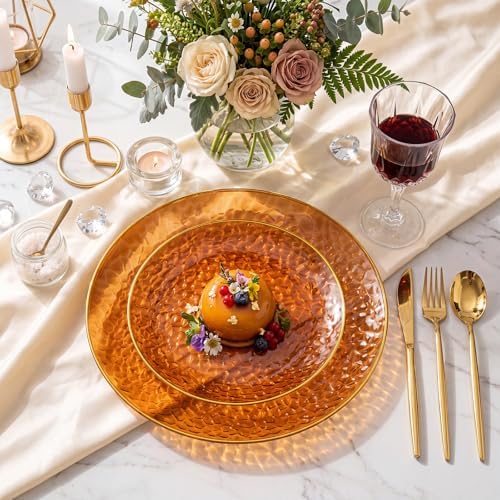 Rubtlamp 100Pcs Amber Gold Plastic Plates, Disposable Plates With Gold Rim, Heavy-duty Party Platos, Hammered Plastic Plates Include 50 Clear Dessert Plates, 50 Dinner Plates for Party