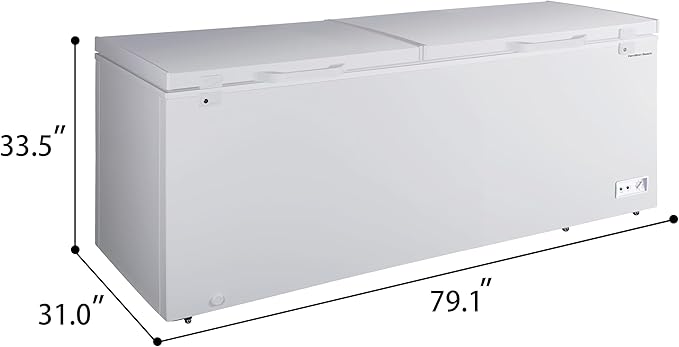 Hamilton Beach HBFRF2129 21 cu ft Double Door LID Garage-Ready Chest Freezer-White, Vinyl-Coated Baskets, Space-Saving Flat Back, Stay-Open, Front-Access Drain, for Storage, Hunting, Large Family