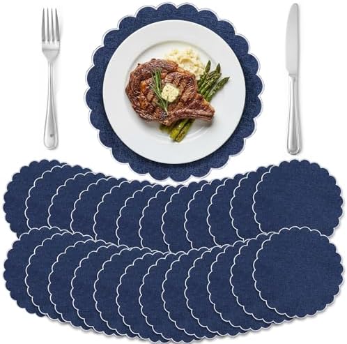 Set of 24 Navy Blue Cotton Placemats 15" Round Scalloped White